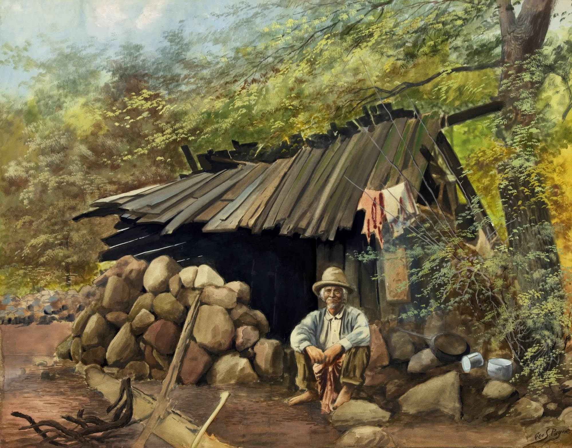 Painting Man Seated in Front of Wooden Shack